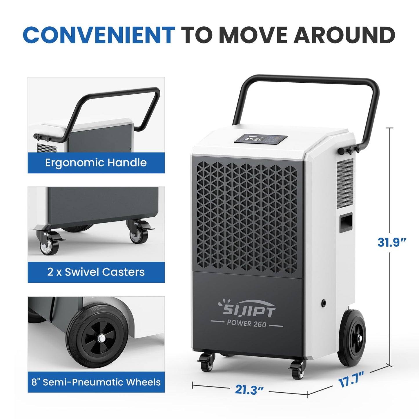 Commercial Dehumidifier with Pump, 260 Pints Industrial Dehumidifier for Basements, Industrial or Commercial Spaces, and Flood Restoration up to 8,500 Sq Ft with Auto Defrost