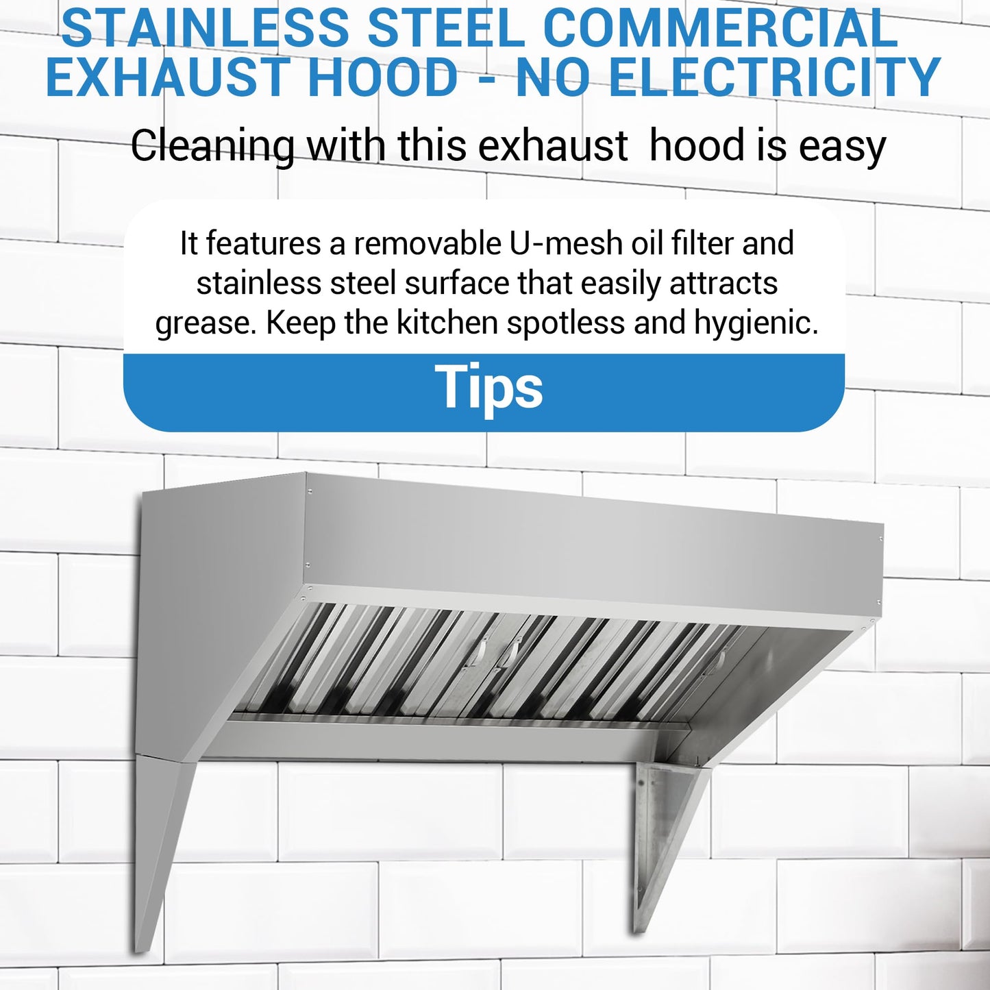 Commercial Kitchen Exhaust Hood, 4 Ft Rust-Resistant 201 Stainless Steel Vent with u-Shaped Baffle Filters, No Electricity Required for Safe Grease Extraction, for Restaurant, Food Truck & Kitchen
