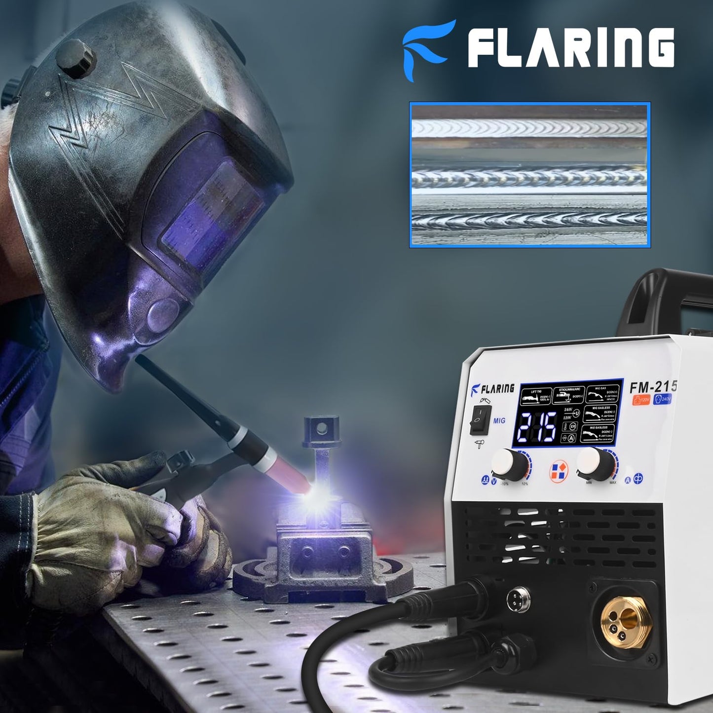 FLARING MIG Welder 215amp 6 IN 1 Welder Machine 120V/240V Flux Core/Gas MIG/Stick/Lift TIG/Spot welding/Spool Gun Multi-Process 2lbs/11lbs Wire Compatible IGBT Inverter Portable Welder