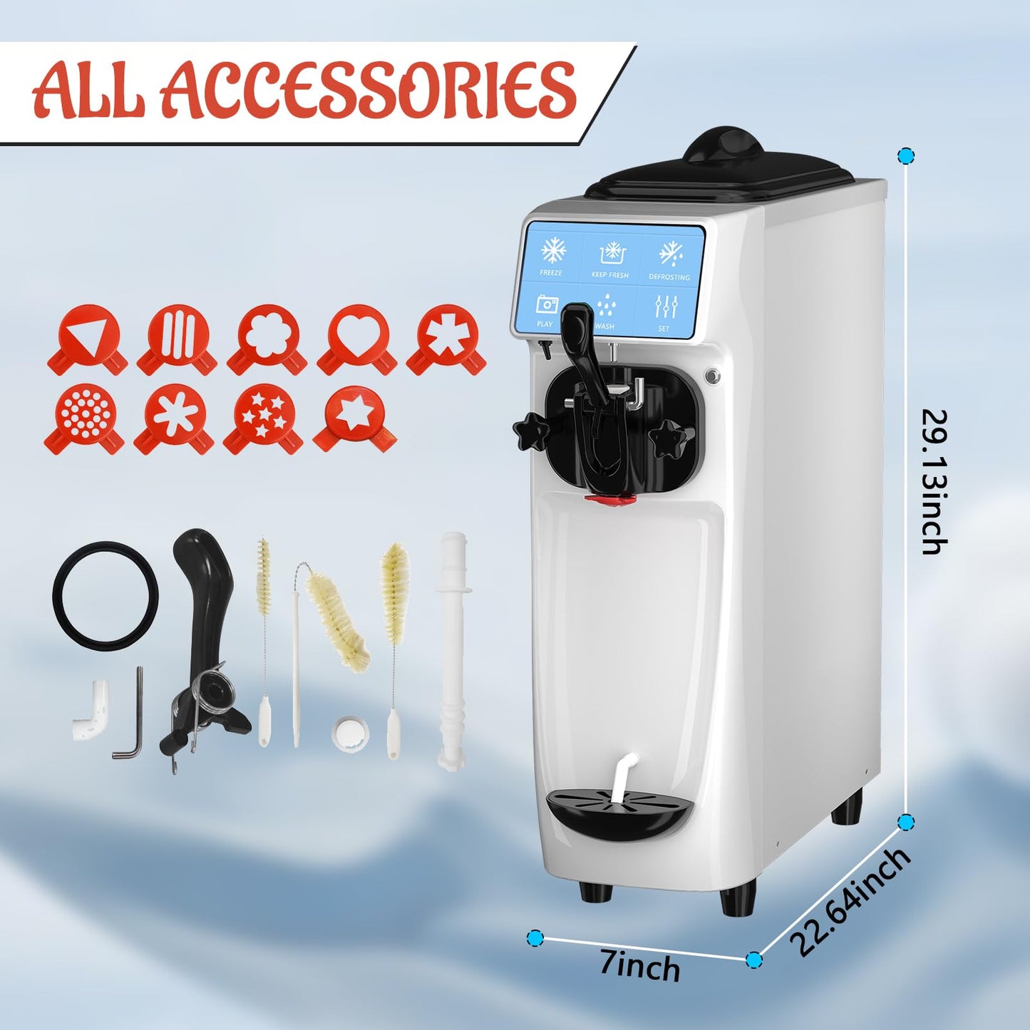 GSEICE Soft Serve Ice Cream Machine, 4 to 4.5 Gal/H Ice Cream Maker 7 Inch Screen Soft Serve Machine with Pre-Cooling & Fresh-Keeping, 6L Stainless Hopper, Enclosed Body for Home Party Café Store