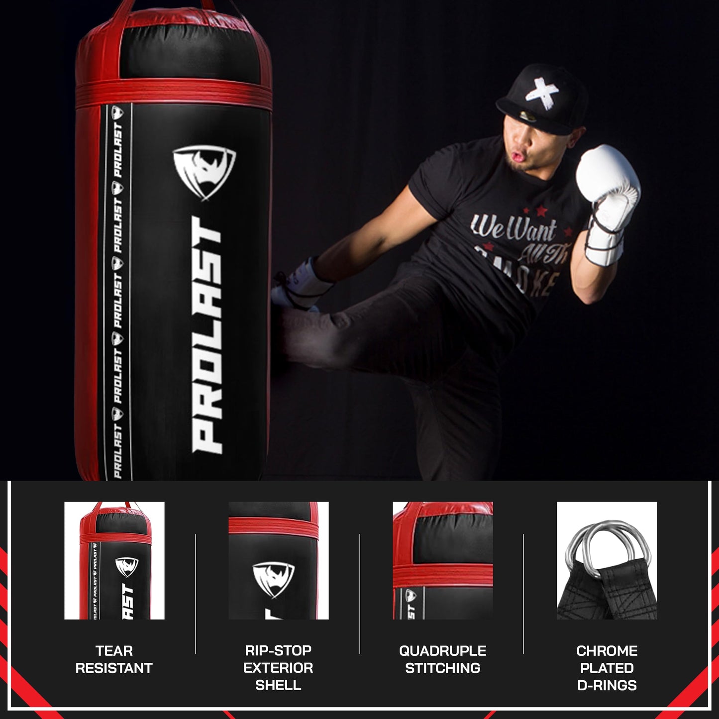 PROLAST 4Ft 135Lb XL Heavy Punching Boxing Bag for Adults, MMA, Martial Arts, Muay Thai, Kicking, Strength Training Equipment, Filled, New Edition Logo, Black and Red