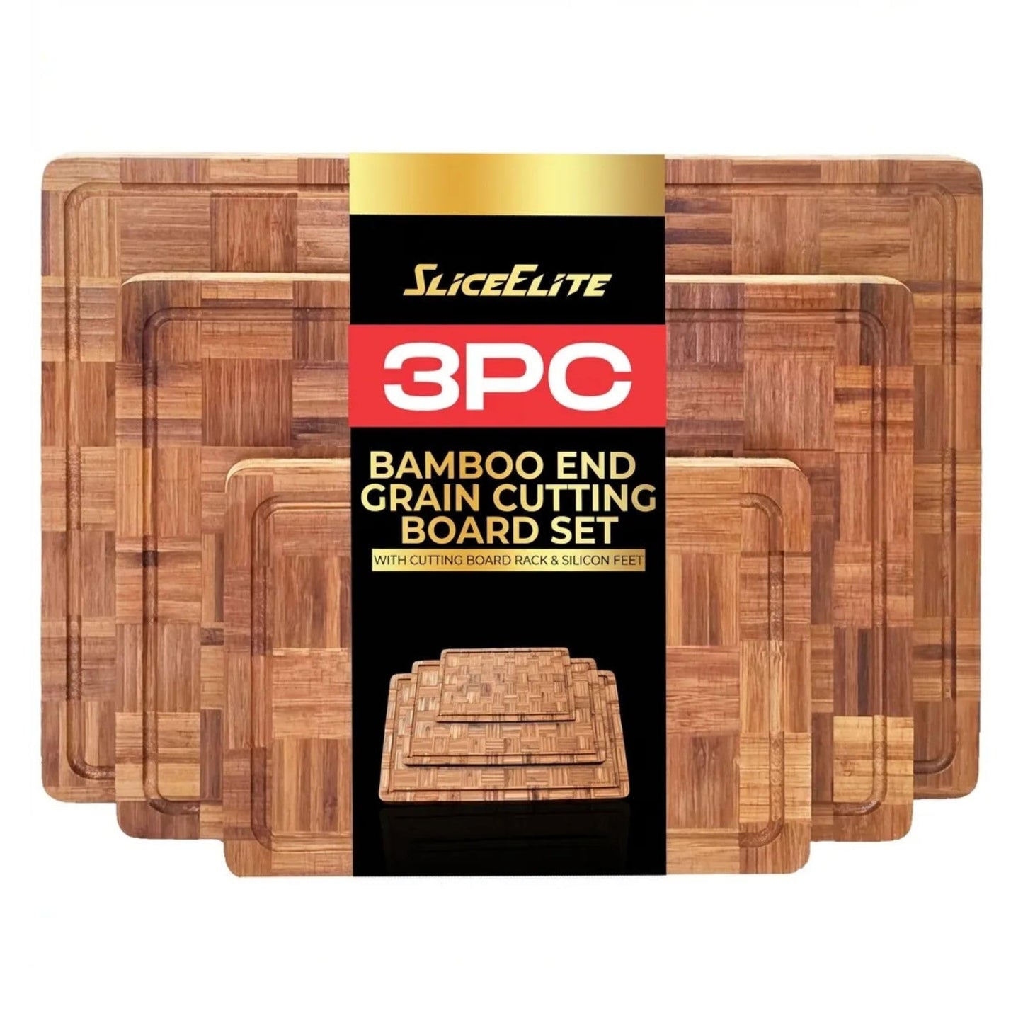 SliceElite Extra Large Bamboo Cutting Board Set 3 Piece End Grain Wooden Chopping Boards with Holder Non Slip Feet Juice Groove XL Butcher Block Style Boards for Kitchen Carving and Serving