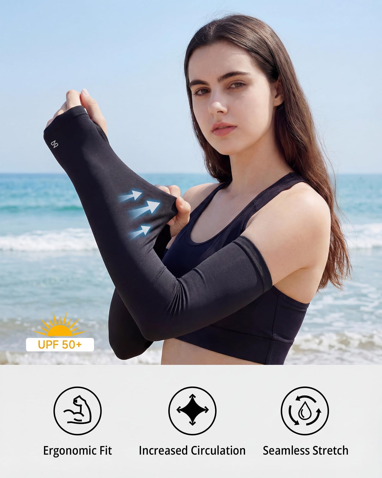 Stelle Sun Protection Cooling Arm Sleeves with Thumb Holes Golf Sport UV Arm Covers Gardening Outdoor (Black,S|M)