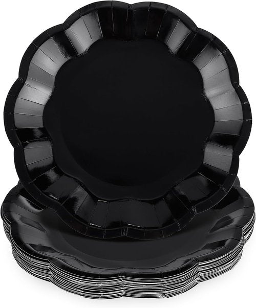 NatNarr 30 Pcs Black Paper Plates - 7 Inch Scalloped Disposable Dessert Plates for Parties & Events