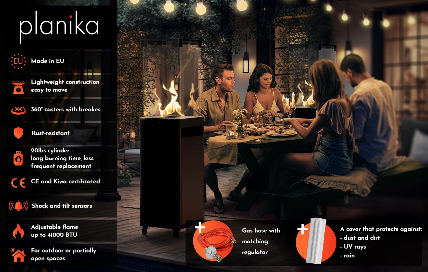 Planika Faro 41,000 BTU Propane Patio Heater 59" Modern Freestanding Glass Tower with Wheels, Smokeless 360° Flame, Cover & Regulator Included for Commercial & Residential Outdoor Spaces