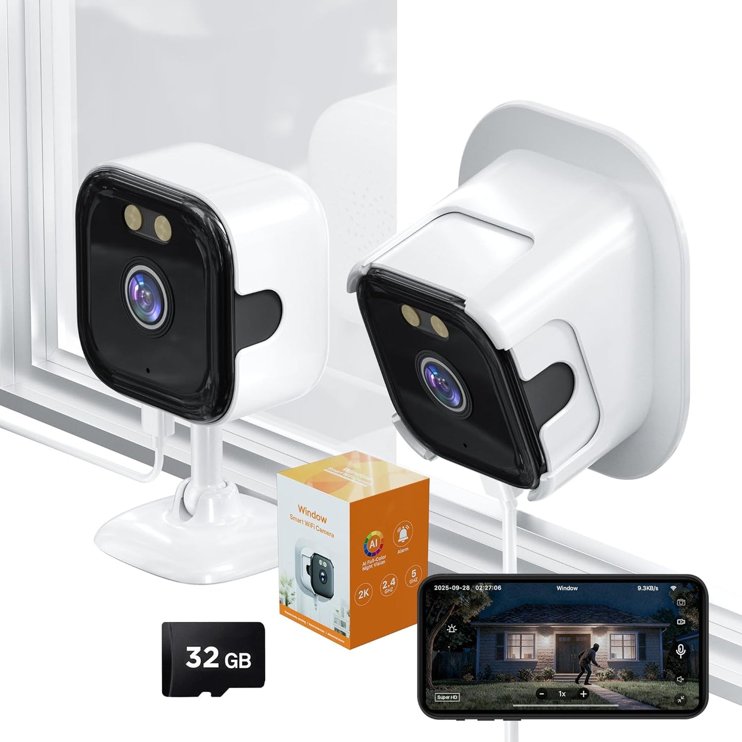 MyHive 2K 32GB 5G/2.4G 20+ 1 Pack Window Camera with SD Card, AI Night Vision WiFi Window Camera for Home Security, AI