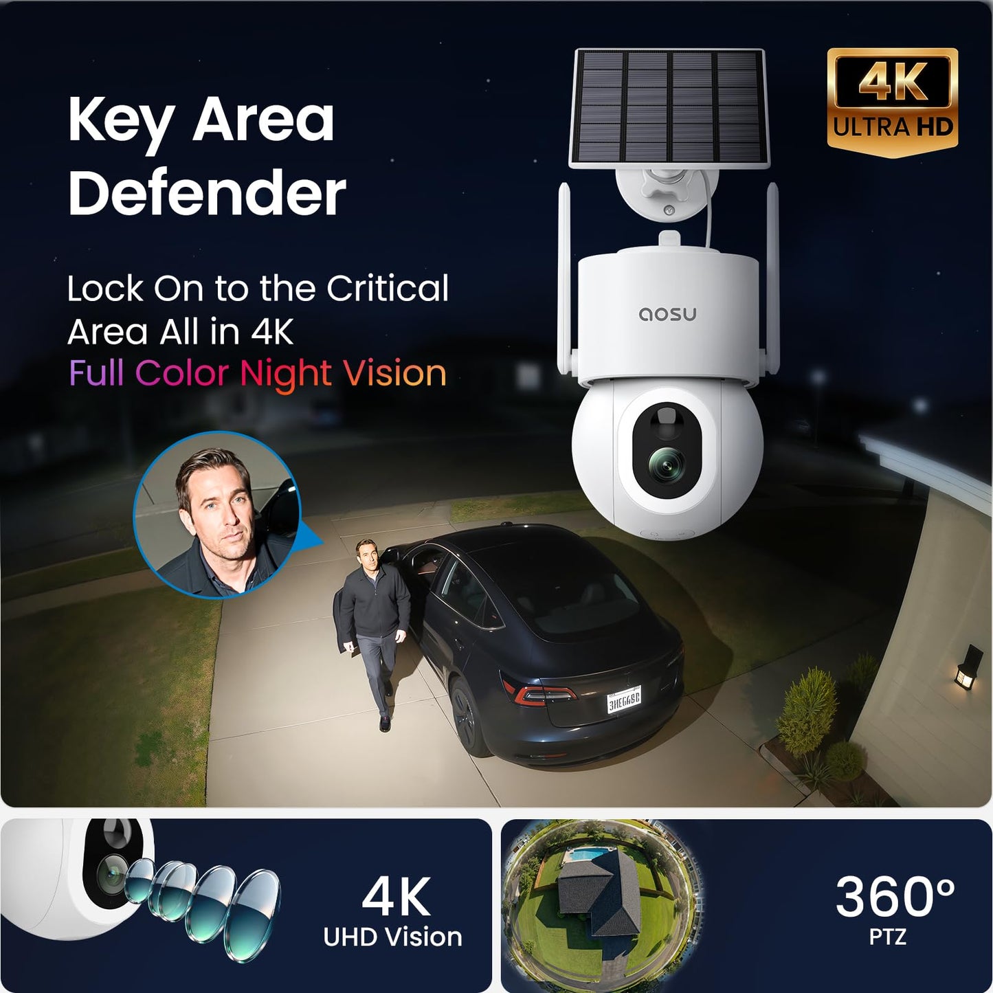 aosu SolarCam D1 Max 2-Cam Kit, 4K Solar Security Cameras Outdoor Wireless, 360° Pan & Tilt Coverage, Auto Tracking, Color Night Vision, No Subscription Required, Local Storage up to 1TB