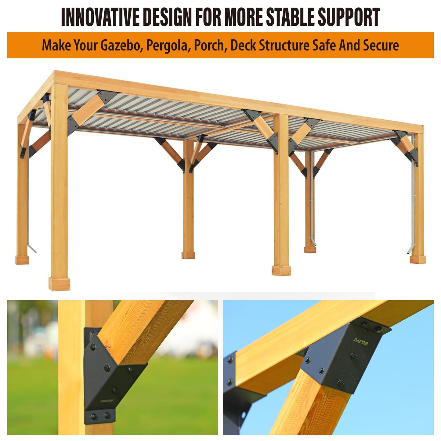 Wocepu 8pack 4x4 (Actual 3.5''x3.5'') Degree Angle Support Brackets, for Pergola, Gazebo, Deck Wood Frame Structures Provide Support 45° Degree Angle Bracket