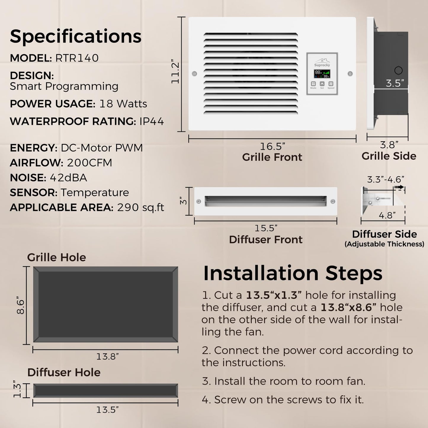 Suprocky Room to Room Air Transfer Fan, Through Wall Exhaust Fan with Intelligent Programmed Air Exchange System, Hardwired, 3-Speed, In Wall Vent Fan with Temperature Sensor, 200CFM, RTR140