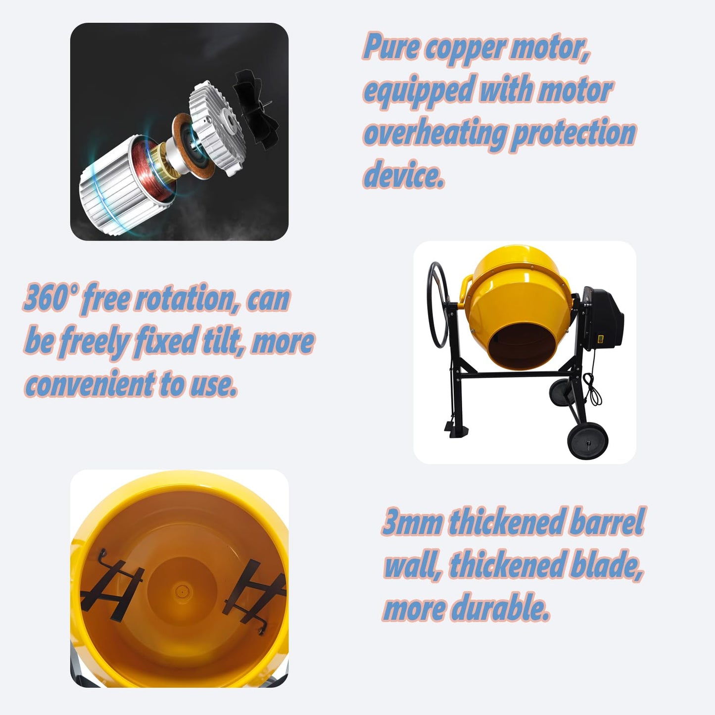 JARYANNIX 7.23 Cu. Ft Cement Mixer,Electric Concrete Mortar Mixer 360° Rotation，Portable Concrete Mixing Machine, Cement Mixing Machine，110v/60HZ 1Kw