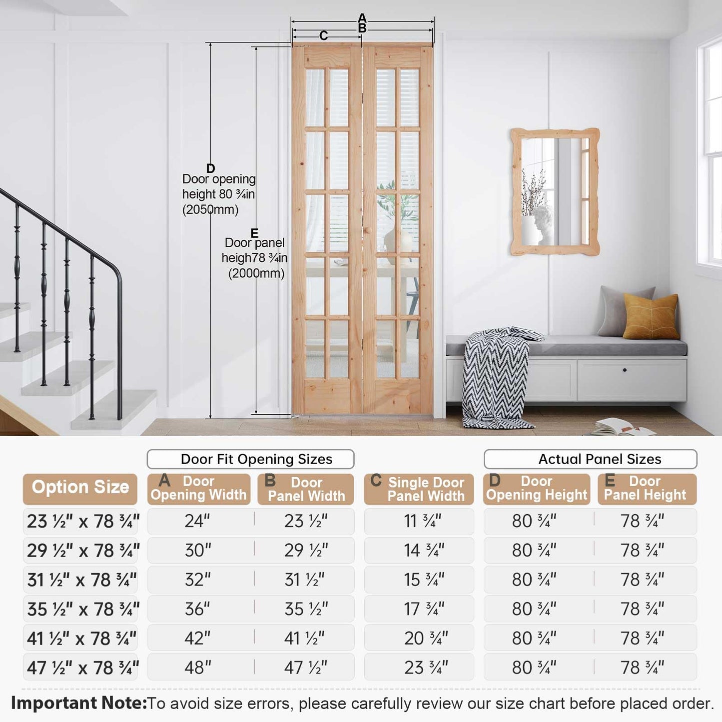 EaseLife Bifold Closet Door,for 30in x 80in (Double 15x80) Opening,French Glass Barn Doors with 2.5FT Concealed Bi-Fold Sliding Hardware Kit Included,Preassembled Door,Easy Install,DIY staining