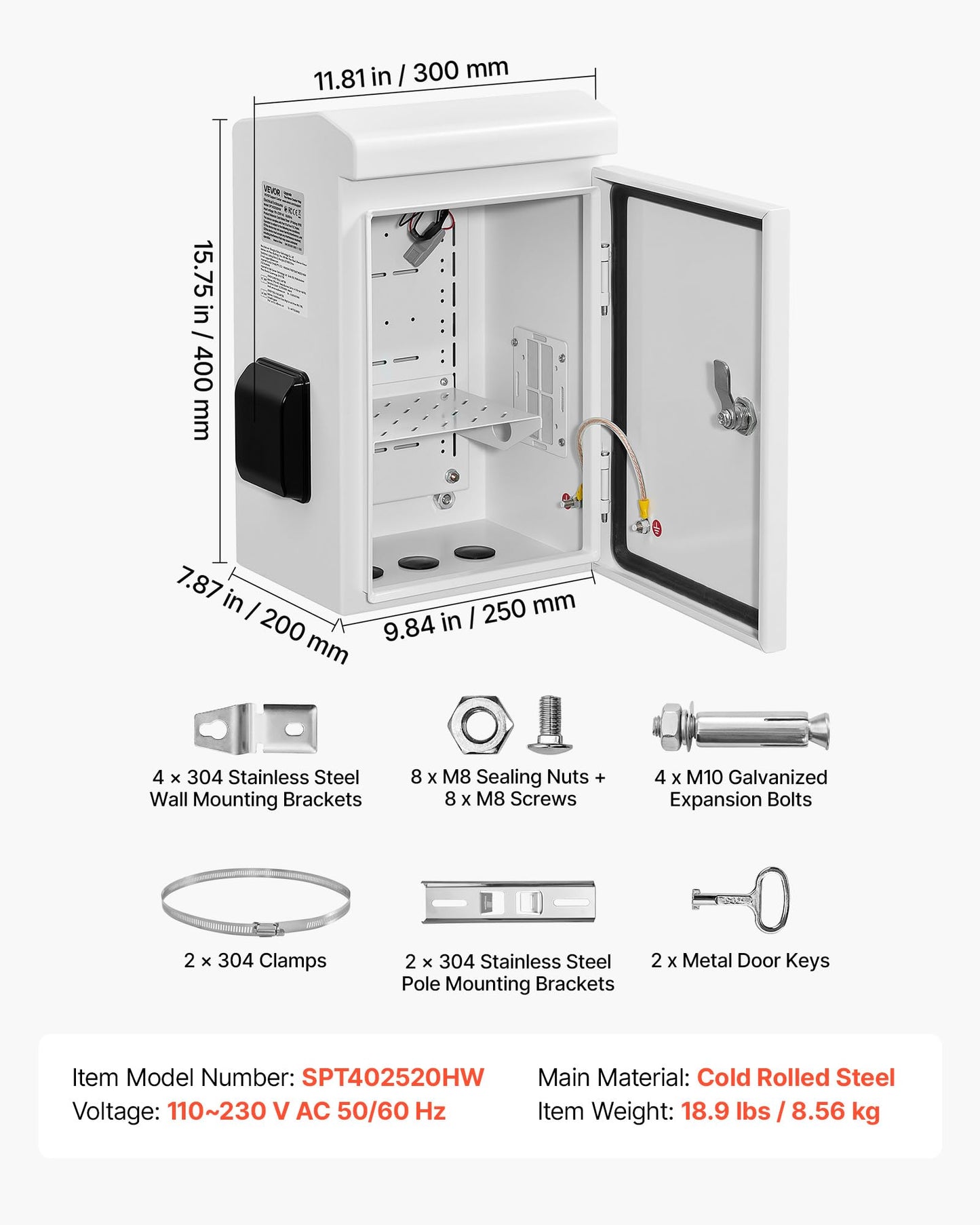 VEVOR Outdoor Electrical Box, Cold-Rolled Steel, Electrical Junction Box with Thermostat and Fan, Rain Hood, Ventilated Design, IP65 Waterproof Hinged Enclosure, Wall/Pole Mounted, 16 x 12 x 8 in