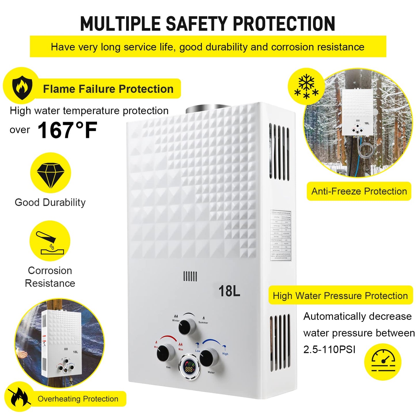 Tankless Water Heater Propane 4.74GPM 18L Outdoor Portable GasHot Water Heater Instant Propane Water Heater with Digital Display Multi-Protection for Camping Trips Boat