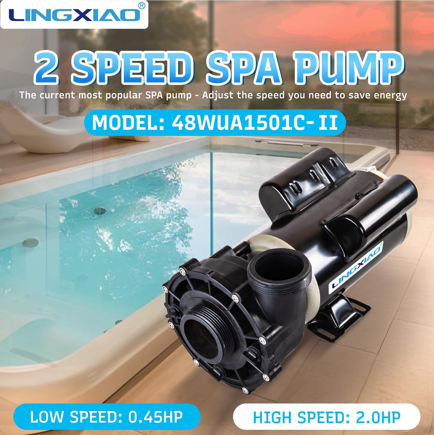LINGXIAO SPA Pump, 2HP Hot Tub Pump - 2 Speed LX SPA Motor 115V/60HZ, 2" Port - 48 Frame (Model: 48WUA1501C-II)