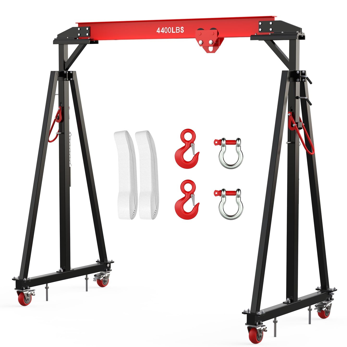Adjustable Gantry Crane with Manual Trolley, Hook and Sling Strap, 2 Ton 4400 LBS Capacity, Portable Gantry Crane Height Adjustable 97" to 141" with 12 Positions, for Factories, Warehouses, Constructi