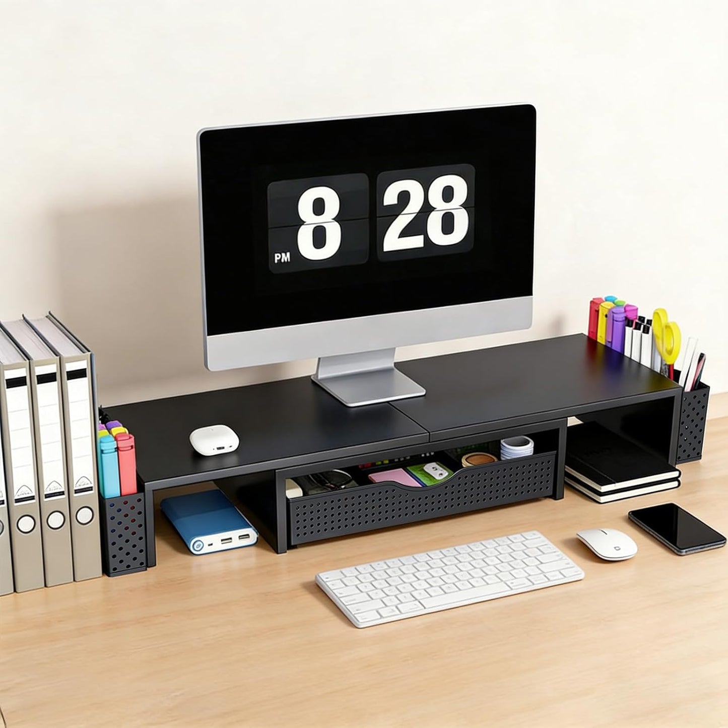 2 Spacrea Metal Desk Organizers and Accessories, Dual Monitor Stand Riser with Drawer and Pen Holders, Book Racks, Desk