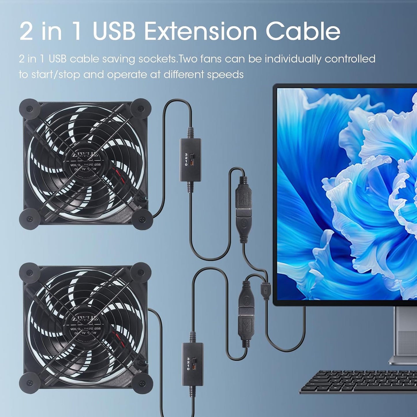 ZIWIJE 120mm 5V Quiet Dual USB Fan with USB Extension Cable Dual Ball Bearings Cooling Fan for Router TV Box Micro