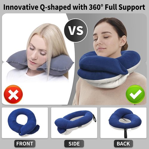 BUYUE Travel Neck Pillow - 360° Head Support for Comfortable Long Flights | Skin-Friendly, Navy, Adult Set with Eye Mask & Earplugs