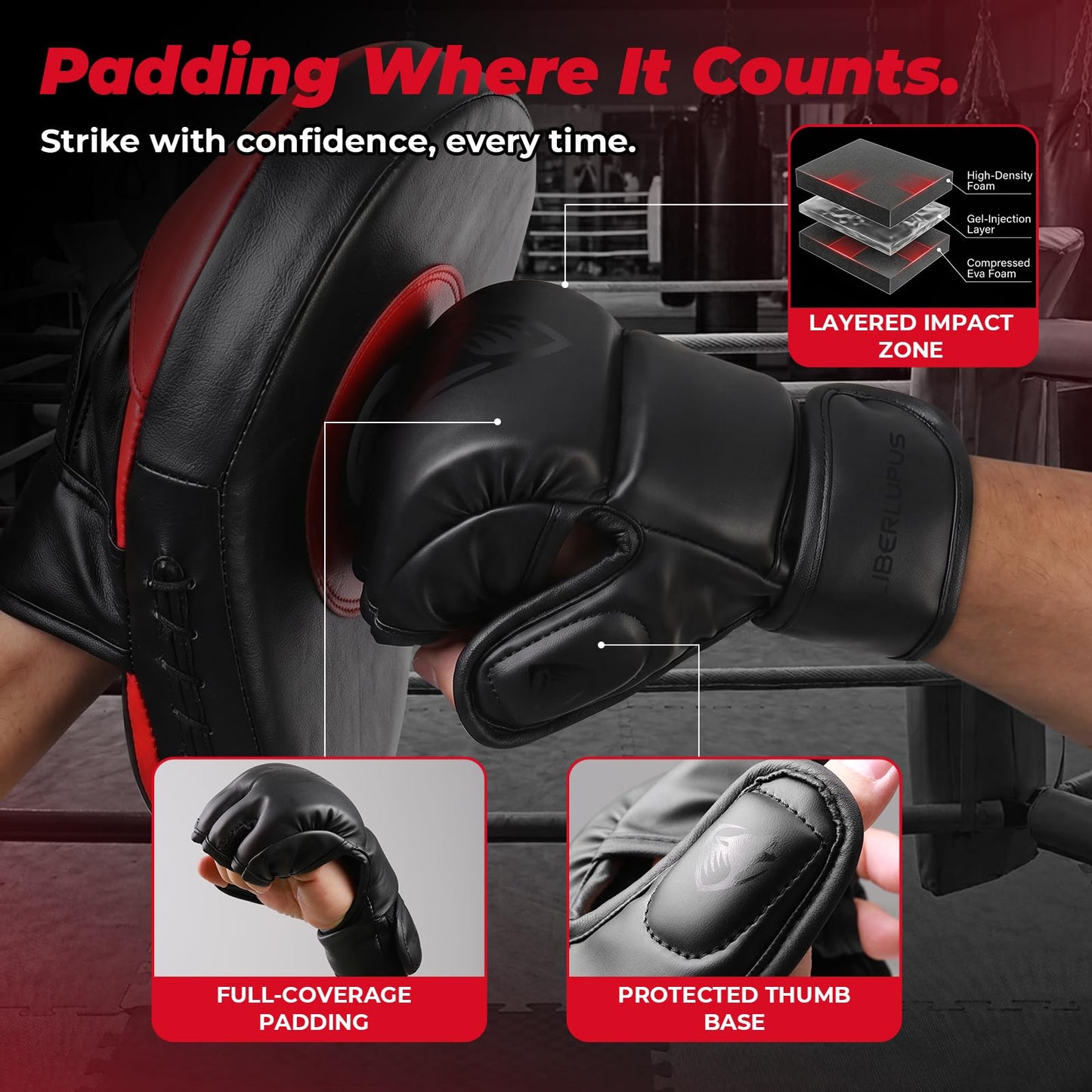 LIBERLUPUS MMA Gloves Sparring for Men– Open Palm Training Gloves for Grappling, Kickboxing, Muay Thai, Youth Self-Defense, Heavy Bag Workouts – Durable Synthetic Leather with Wrist Support