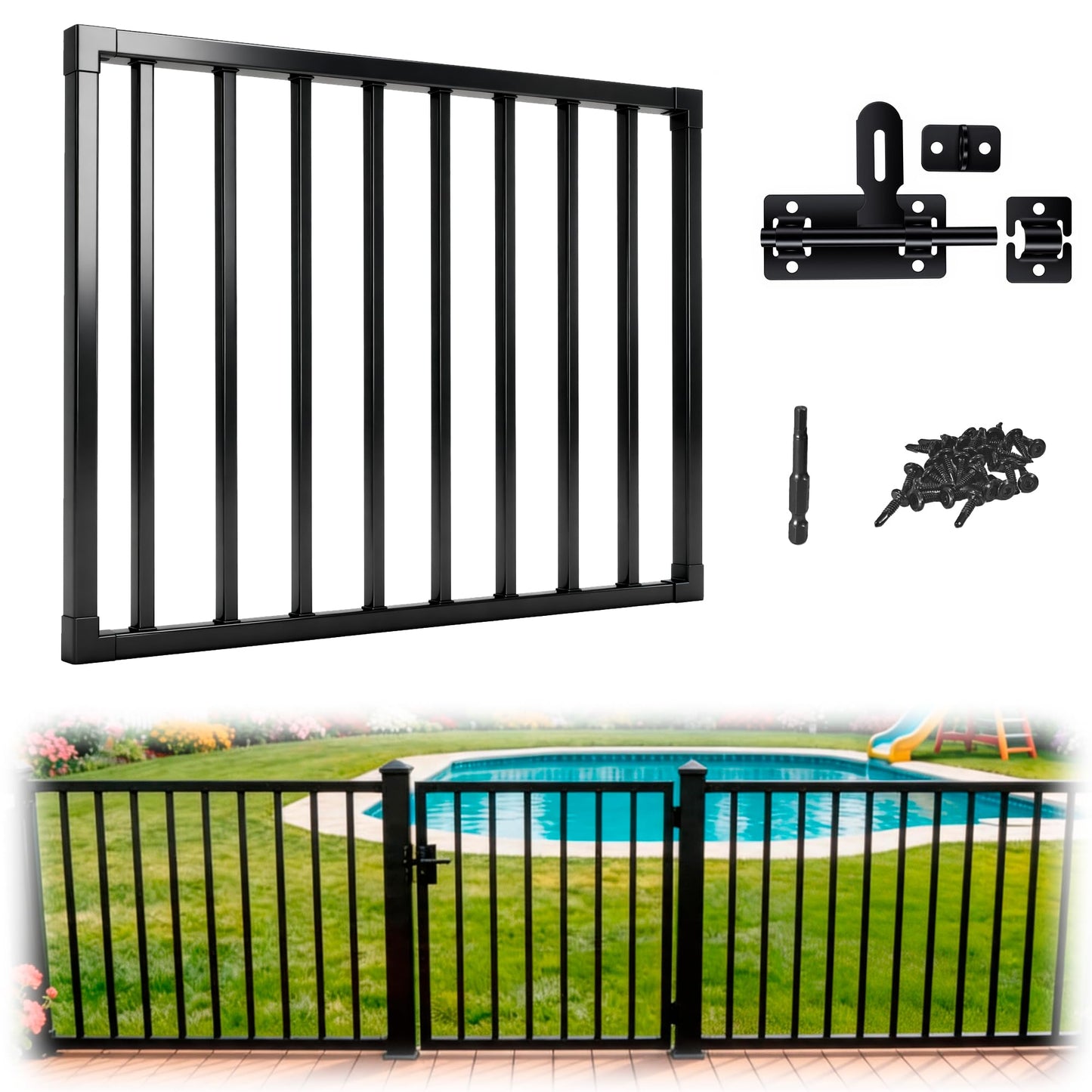 Outdoor Deck Fence Gate Kit, 48" W x 32" H Heavy Duty Metal Gate with Self-Closing Hinge & Lockable Latch, Fits Standard 36''H Deck, Weatherproof, Rust-Resistant, Used for Patio, Yard, Porch, Stairs