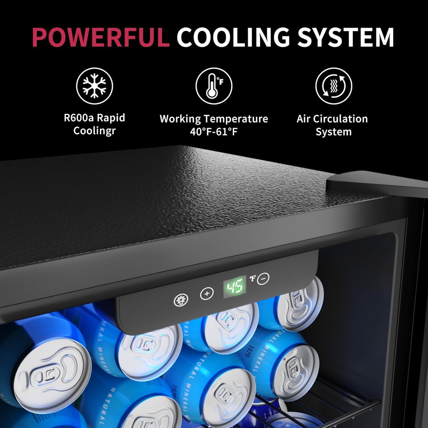 Icyglee 48 Can Beverage Refrigerator Cooler, Mini Fridge Glass Door with Adjustable Shelves, Freestanding Beverage Fridge with Blue LED for Home/Office/Dorm/Bar, 1.3 Cu.ft