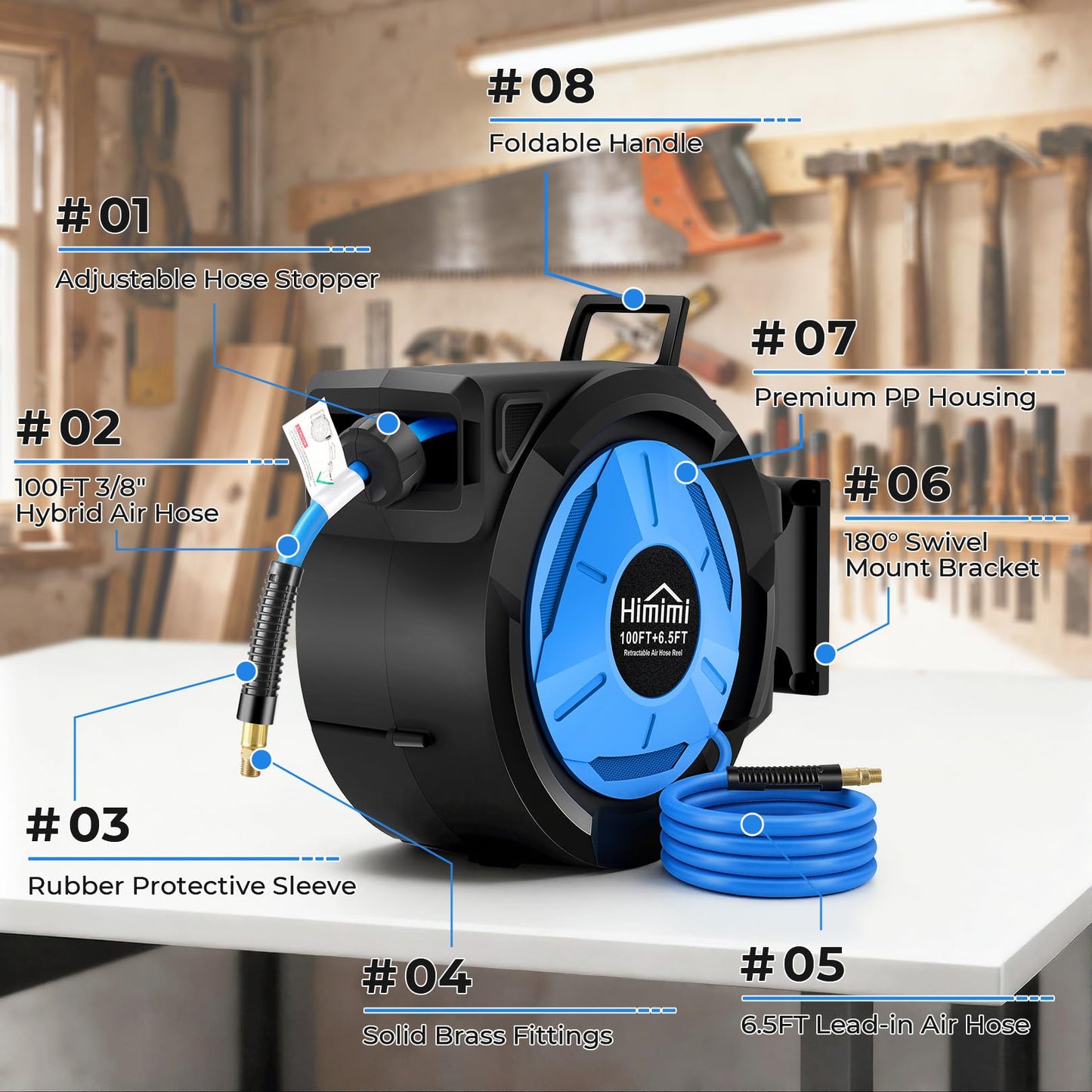 Retractable Air Hose Reel, 3/8" x 100 Ft Hybrid Hose Air Compressor Hose Reel with 6.5 Ft Lead-in Max 300 PSI, Air Hose with Any Length Lock, Automatic Rewind, 180° Swivel Bracket, Quick Coupler