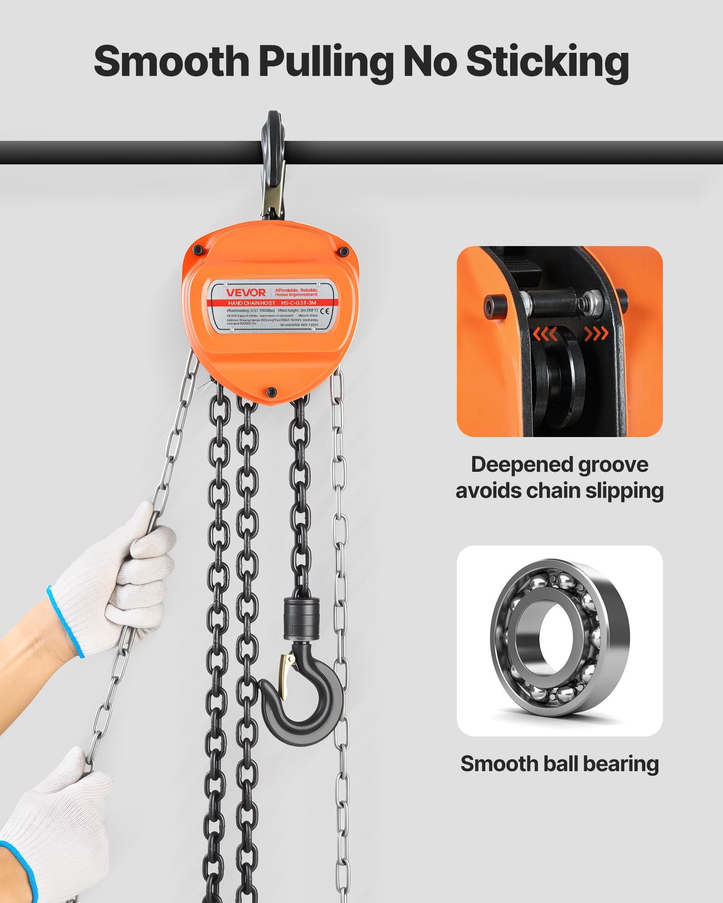 VEVOR Hand Chain Hoist, 1/2 Ton 1100 lbs Capacity, Manual Chain Block with Upgrade G80 Galvanized Chain, 10 ft Lifting Height, Heavy Duty Pulley Hoist for Garage Warehouse Automotive Machinery, Orange