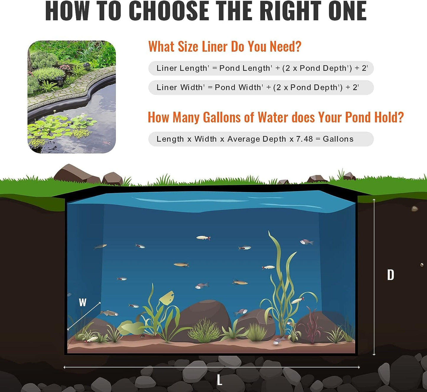 VEVOR 20 x 25 ft Pond Liner, 45 Mil Thickness, Pliable & Durable EPDM Material, Easy Cutting Underlayment for Fish or Koi,Waterfall, Fountains, Water Gardens, Black