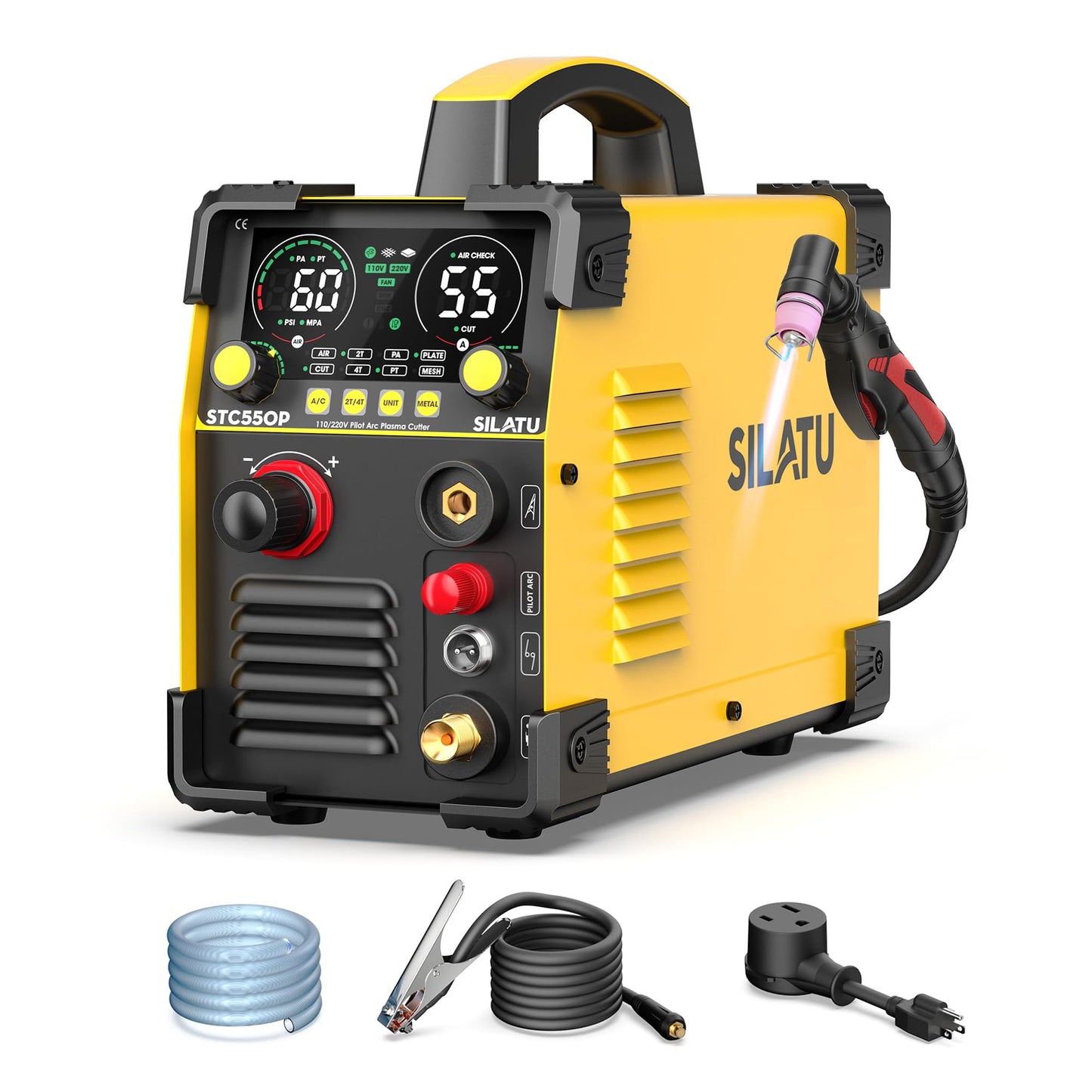 SILATU 55Amps Plasma Cutter, STC550P HF Non-Touch Pilot Arc Plasma Cutter Machine, 110/220V Dual Voltage LED Display Air Sensor Technology, 1/2'' Clean Cut 2/3'' Max Cut, PT/2T/4T for Beginners DIY