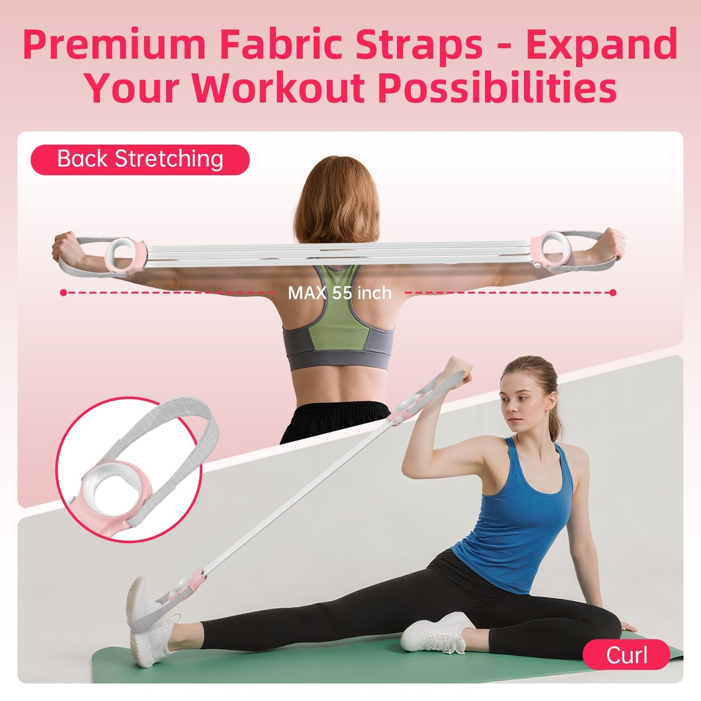 VANiGO Figure 8 Fitness Resistance Bands with Handles, 20-60lb Adjustable Elastic Excercise Band, Non-Slip Fabric Silicone Bands for Strength Stretch Flexibility Training Arms Back Shoulder Chest Legs