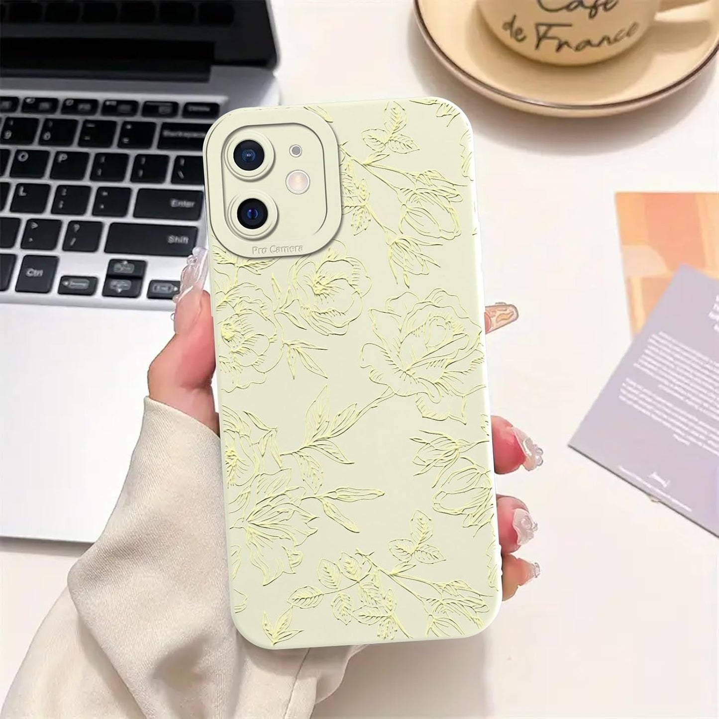 Aoldimu 12 6.1",Aesthetic 12,Beige Cute Flower Phone Case for iPhone Yellow Lines Floral Cases Girly Art Stylish Design