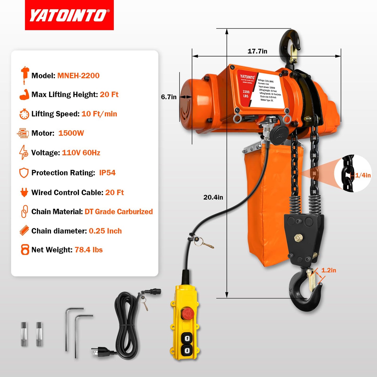 YATOINTO Electric Chain Hoist, 1 Ton/2200 lb Capacity, 20 ft Lift Height, 20 ft Wired Remote, 120V Single Phase Hoist with Emergency Stop, Double Chain, for Garage, Shop, Warehouse