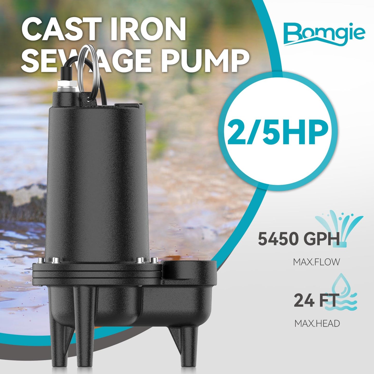 BOMGIE Sewage Pump, Cast Iron Effluent Pump, Automatic Tethered Float Switch, Sewage Sump Pump for Sump Basin, Basement, Residential Sewage, 2'' NPT Discharge, Black