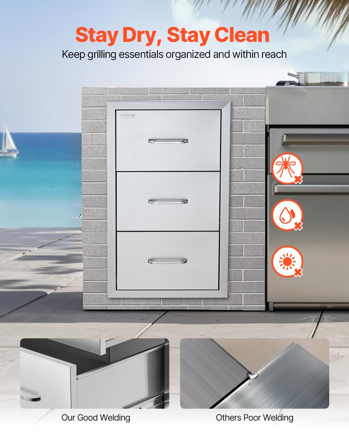 VEVOR Outdoor Kitchen Drawers 17W x 30H x 21D Inch, Outdoor Kitchen Cabinets, Stainless Steel Double Access Drawers, with Paper Towel Holder, Combo for BBQ Island Drawers or Grill Station