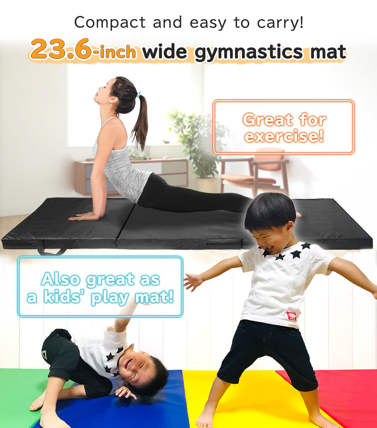 KaRaDaStyle Gymnastics Mat Folding Stretch Mats 71"x24"x2" Exercise Muscle Training Children Play Horizontal Bar Mat Yoga Sports Soundproof Home Use (Greige)