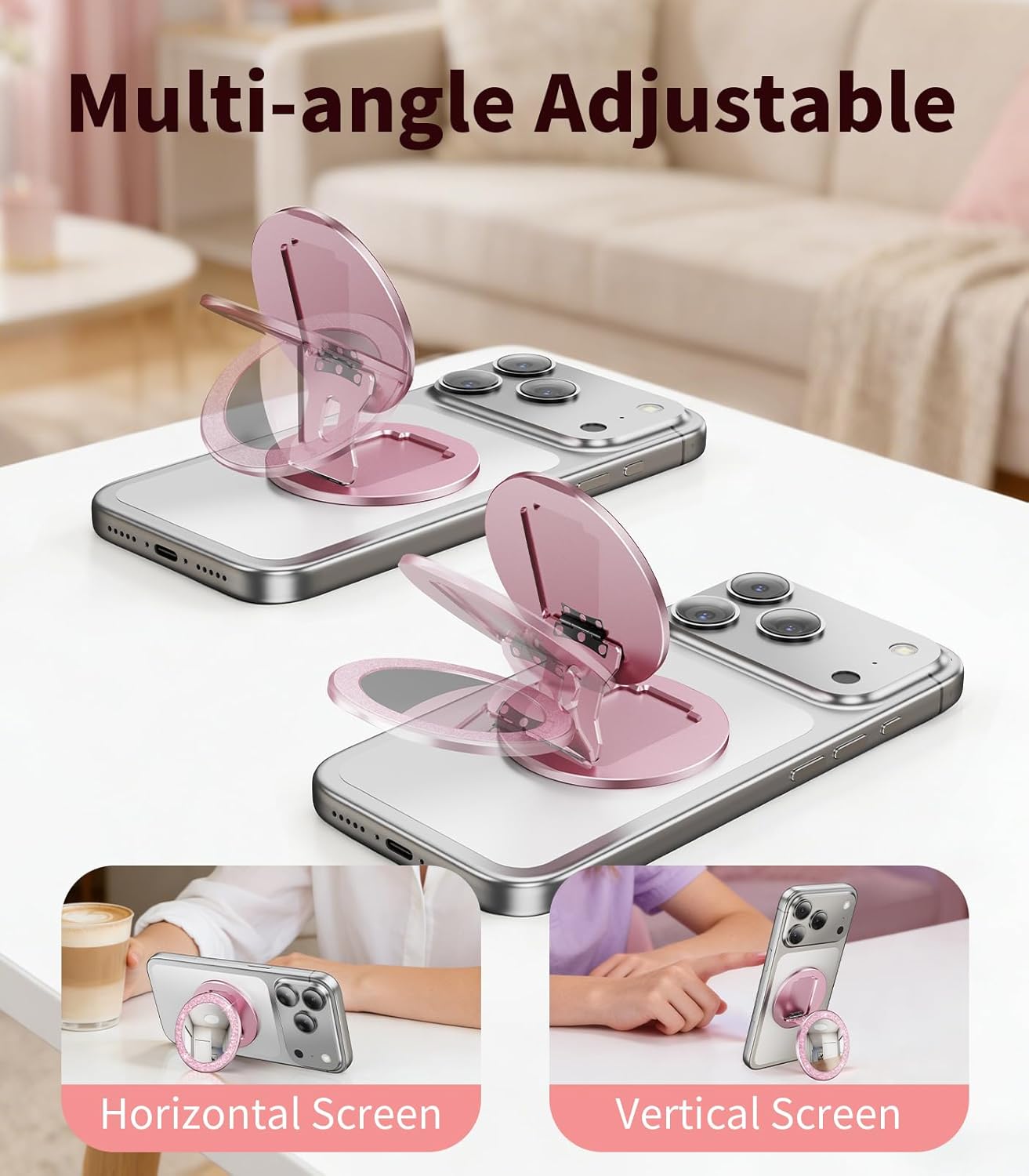 Blissfuhue 17/16/15/14 Portable Double-Sided Magnetic Phone Holder with Mirror, for Magnetic Phone GripFoldable