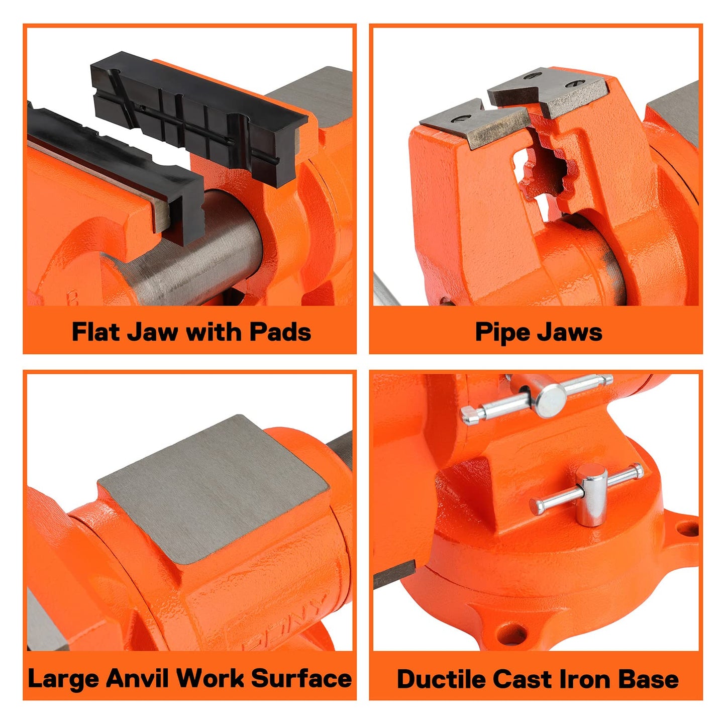 PONY Heavy Duty Bench Vise, 5-inch Jaw Width and Opening, 360-Degree Swivel Base With Anvil, Utility Combination Pipe Home Vise for Woodworking, One-Pair Vise Jaw Pad Included
