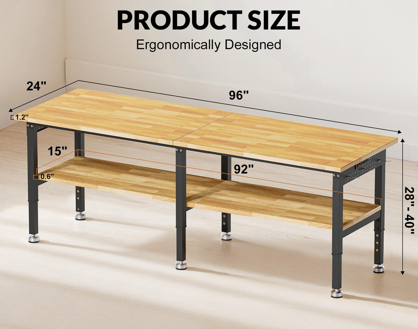 MUWOOD 96” Heavy Duty Work Bench, 2-Layer Adjustable Workbench, 5000 LBS Capacity Work Bench with Power Outlet & Pegboard, Rubber Wood Work Table for Garage, Workshop, Office, Home