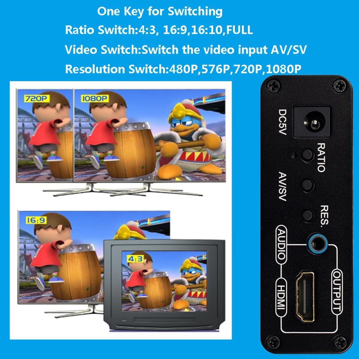 HDSUNWSTD 3RCA 4 3/16 9 /3.5mm 480P/576P/720P/1080P AV CVBS Composite & S-Video R/L Audio to HDMI Converter Adapter