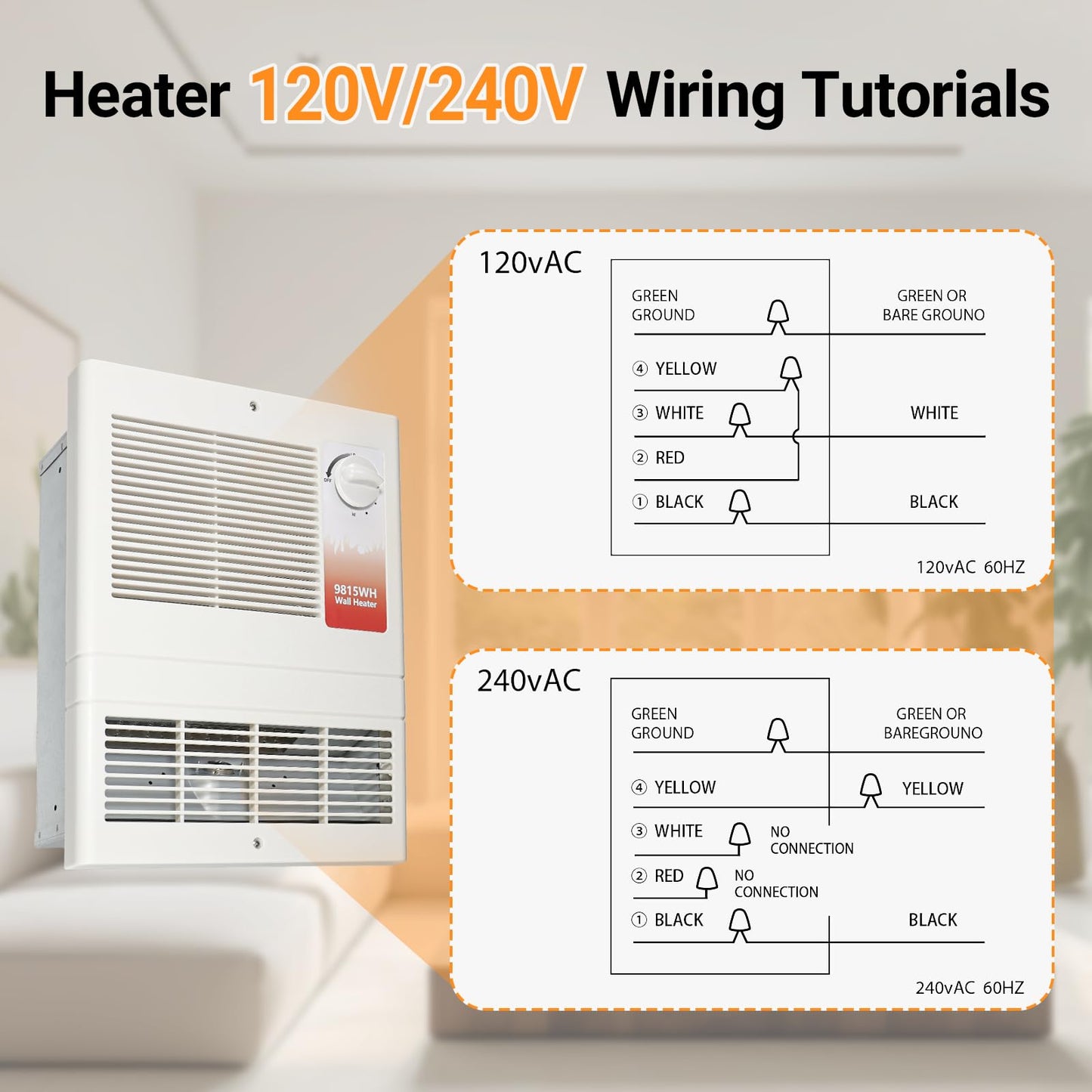9815WH Large Capacity Electric Wall Heater with Built-in Adjustable Thermostat and Silent Motor, Overheat Protection, 1500 Watts, 120/240 Volts, White