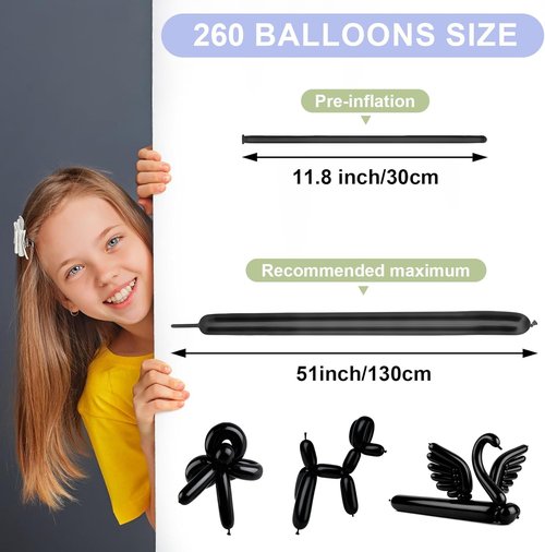 260 Premium Black Long Skinny Latex Balloons - Perfect for Animal Twisting, Weddings & Birthdays