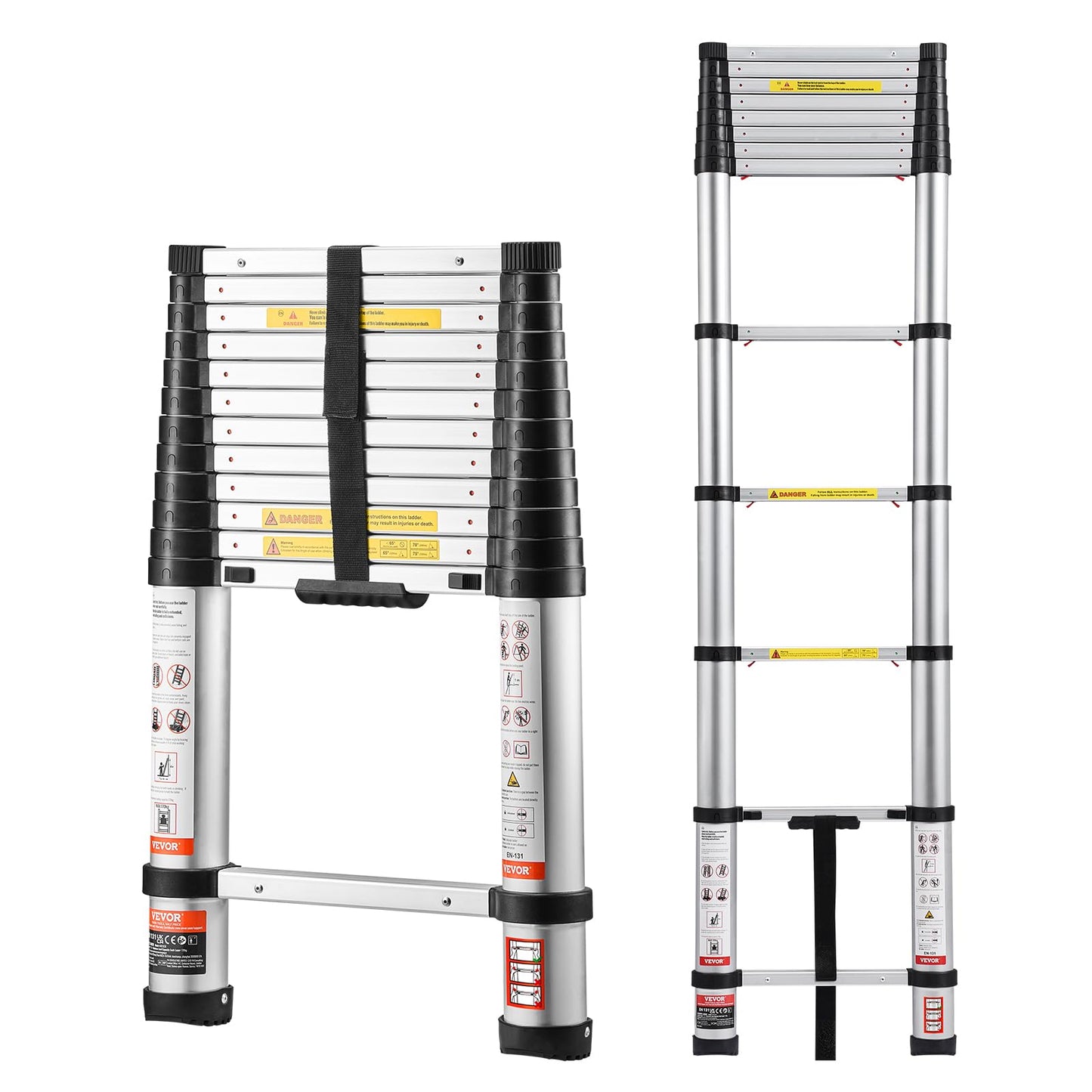 VEVOR 12.5ft Telescoping Ladder, Aluminum Lightweight Multi-Purpose Collapsible Extension, One-Touch Retraction Ladder, Heavy Duty 330LBS Max Capacity with Non-Slip Feet, for Home, Outdoor Work, Loft