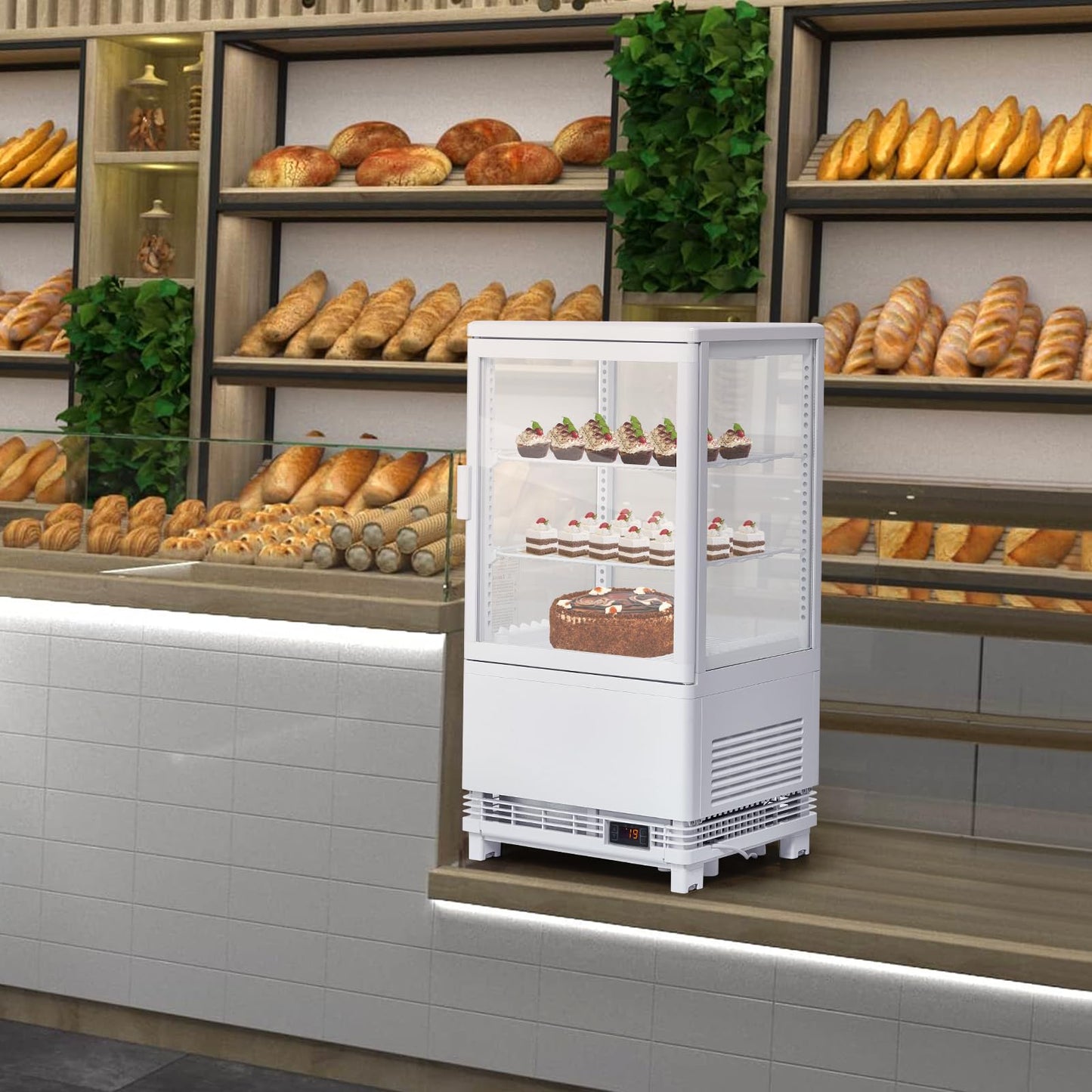 2.1 Cu.Ft. Commercial Bakery Display Refrigerator, Countertop Refrigerated Case, Display Fridge, Single Door, Merchandiser Beverage Cooler, 3 Layers, LED, Adjustable Shelves, Restaurants, Bars, Shops
