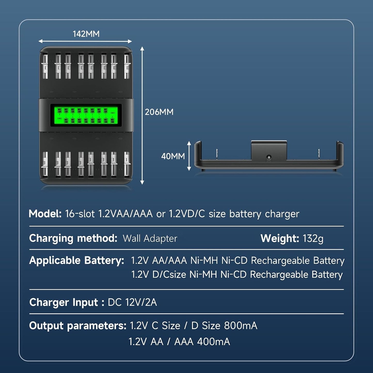 CITYORK 16 1.2V Bay Rechargeable Battery Charger Smart LCD Display for AA AAA C D Ni-MH Ni-CD Rechargeable Batteries