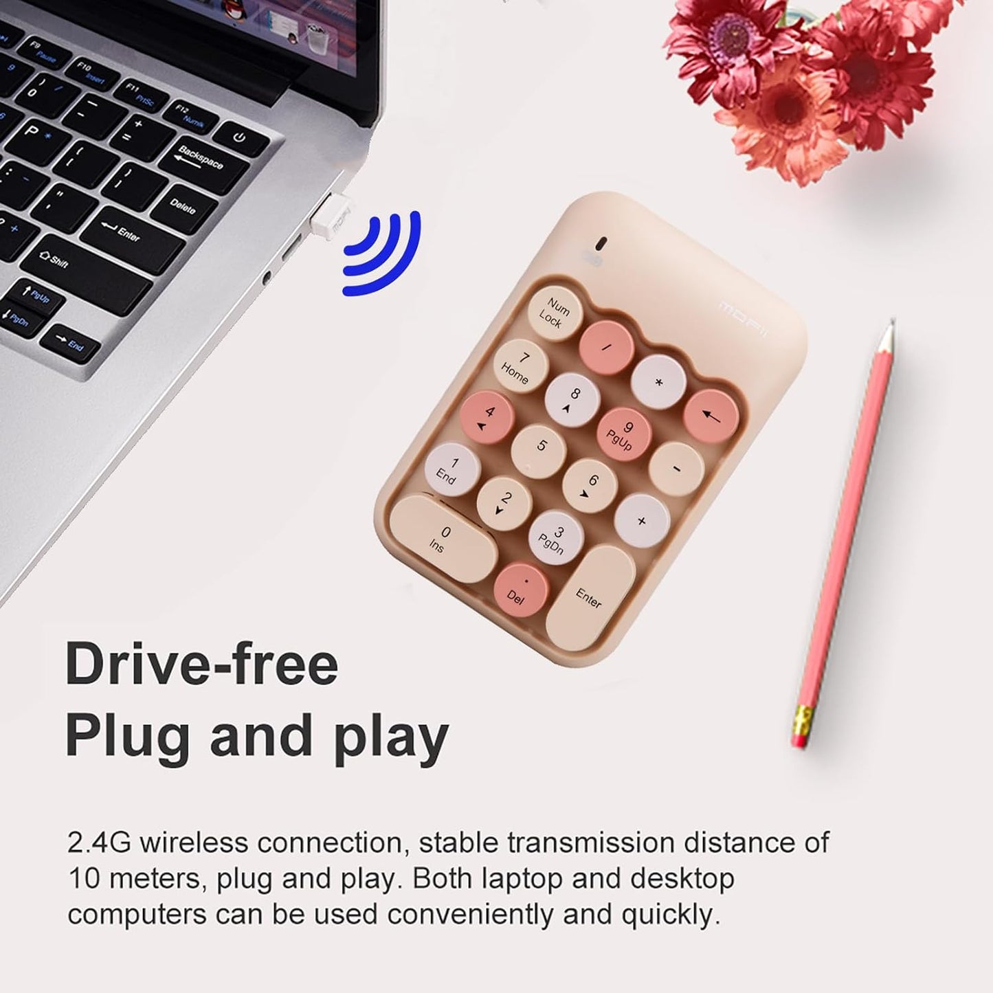 Lomiluskr 2.4G Accounting Wireless Numeric Keypad with USB Receiver, Cute Colorful Round Keycaps, Portable Financial