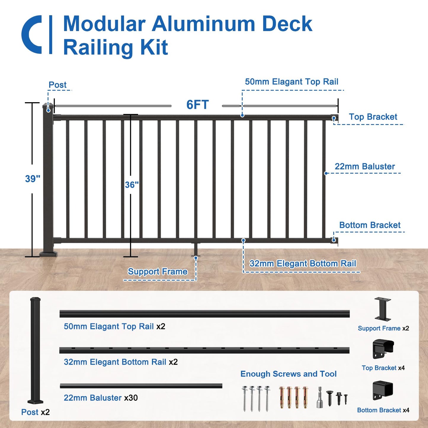 CKE 36 in. H x 6 ft. W Porch and Deck Railing Kit with Post, Aluminum Railing Kit, AAMA 2604 Black Textured Powder-Coat Finish Railing System for Outdoor Decks, Porches & Balconies(1 Post, 1 Panel)