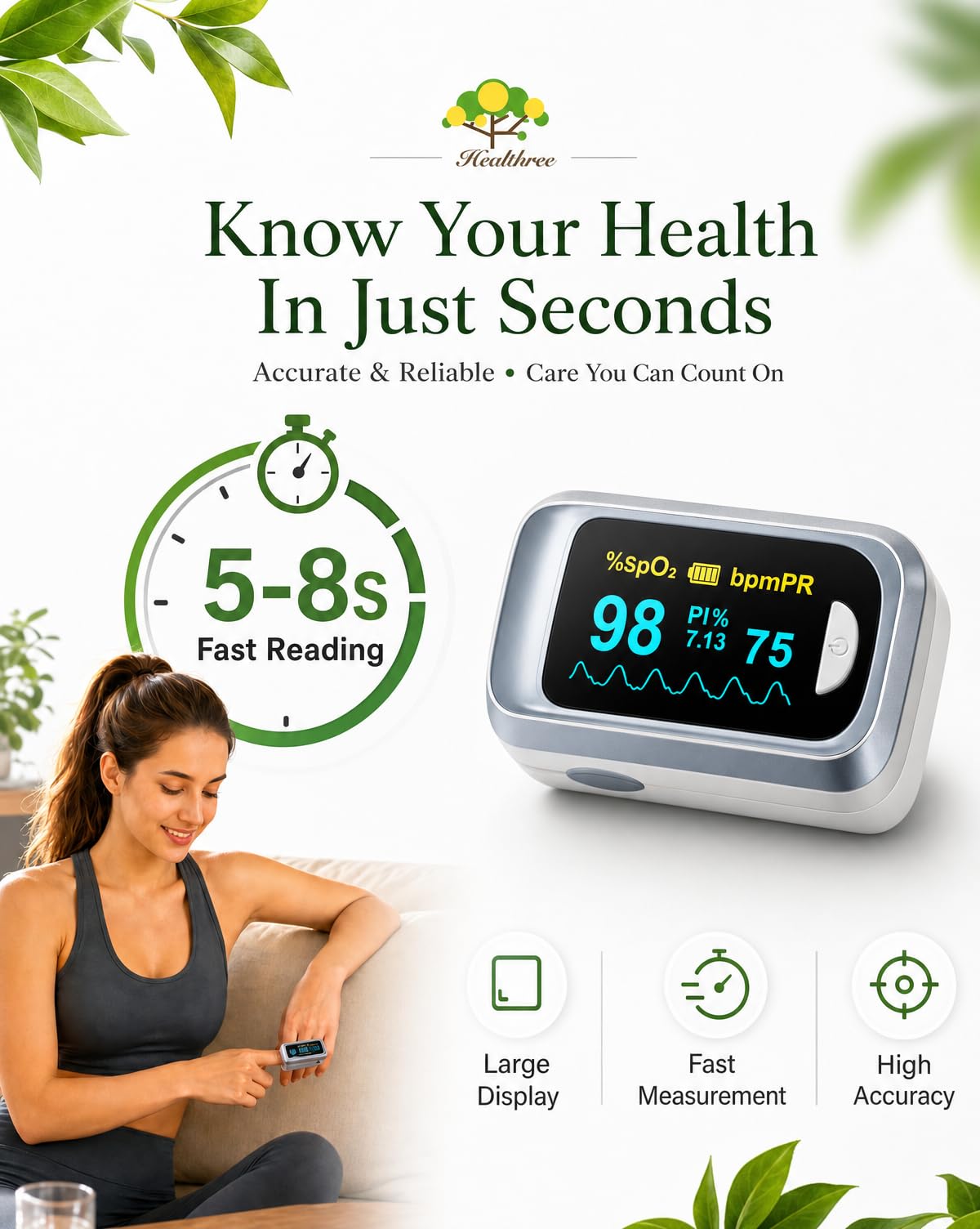 Healthtree JKS50B Pulse Oximeter Fingertip - Blood Oxygen monitor Fingertip with Perfusion Index, Fast 5-8s Reading, Large OLED Display, SpO2 & Heart Rate monitor for Home, Sports, Travel (Includes Batteries & Lanyard)