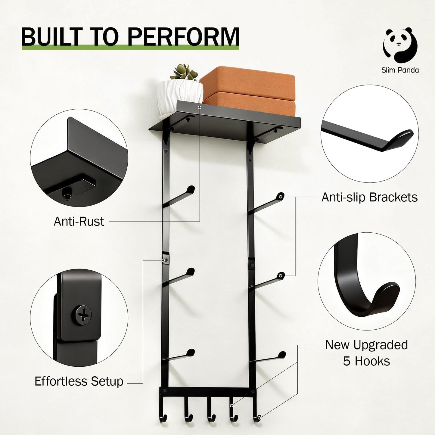 Slim Panda Yoga Mat Holder Wall Mount with Mesh Bag, 4-Tier Metal Storage Rack with Floating Shelf & 5 Hooks, Large Home Gym Organizer for Foam Rollers, Resistance Bands & Yoga Accessories