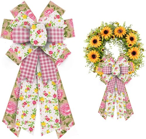 Estivaux Large Spring Flower Bow - Pink Buffalo Plaid & Natural Burlap | Perfect for Wreaths & Holiday Decor