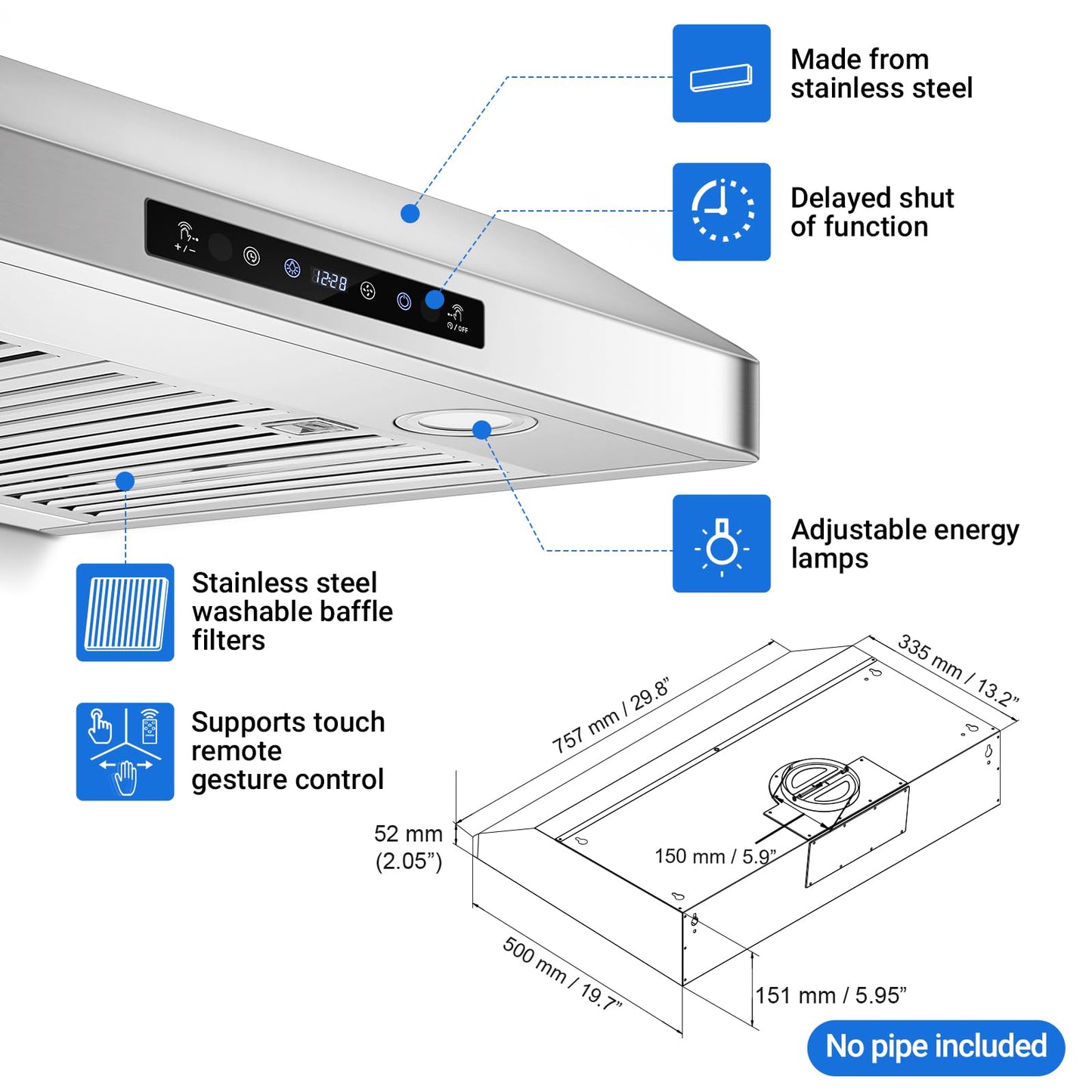 AMZCHEF Under Cabinet Range Hood 30 Inch, 750CFM Stainless Steel Kitchen Stove Vent Hood 3 Speed Exhaust Fan Touch/Remote/Gesture Control LED lights Time Setting Dishwasher-Safe Baffle Filters